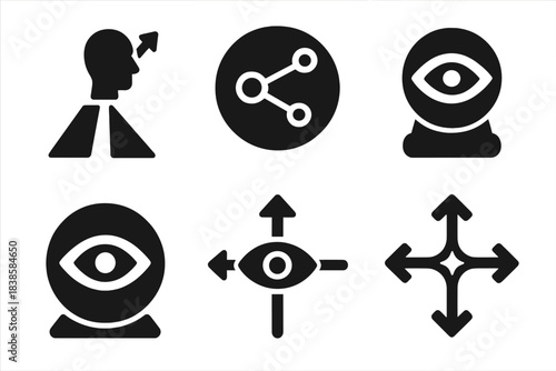 Foresight Icons Collection. Solid style icons of foresight and prophecy hubs: visionary waypoint, predictive node, augury station,
