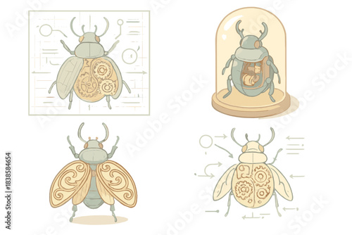 Victorian Insect Mechanics. Isometric vector illustration set Victorian insect mechanics: beetle blueprint showing inner gears and