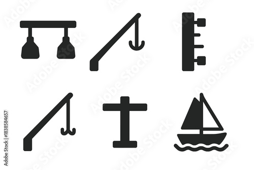 Maritime Measurement Icons. Solid style icons of maritime measurement tools: output yardarm, harvest boom, results spar,