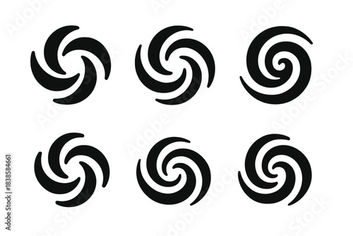 Kinetic Devotion Icons. Solid style icons of kinetic devotion symbols: vortex of dedication, whirlpool of commitment, spiral of