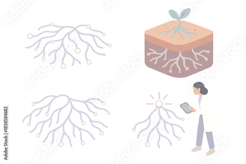Bio-Neural Root Network. Isometric vector illustration set Bio-neural roots: glowing underground root network resembling neural