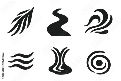Abstract Waterway Icons. Solid style icons of abstract smooth waterways: feathery current, soft stream, downy movement, gentle