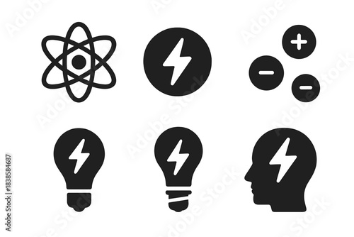 Charged Icons Collection. Solid style icons of miniature charged signs: atomic clue, ionic hint, particle suggestion, electrified
