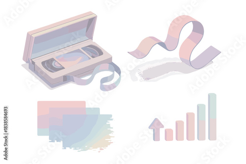 Retro Tech Aesthetic. Isometric vector illustration set Pastel analog tech: opened VHS with shimmering tape loop, glitch fragments