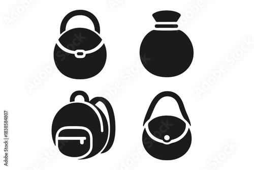 Circular Tranquility Icons. Solid style icons of circular tranquility: peaceful ring-shaped bags, tranquil circular packs, serene