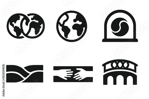 Symbolic Unity Icons. Solid style icons of symbolic connection: linked earth rings, unified land pattern, harmony passage motif,
