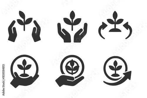Central Growth Icons. Solid style icons of centered growth: gently pushing growth toward the center, nurturing development at the
