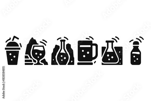 Subterranean Elixirs Icons. Solid style icons of subterranean elixirs: a shaking drink from a mine, a trembling beverage from a