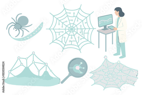 Spider Silk Data Flow. Isometric vector illustration set Biofiber communication: spider silk acting as optical cable, data flowing