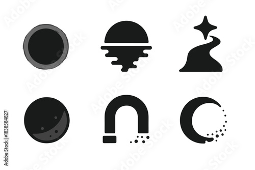Ethereal Endings Icons. Solid style icons of ethereal endings: dimly glowing orb of closure, dissolving horizon ring, twilight