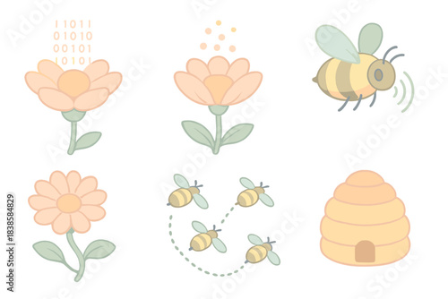 Bio-digital Blossom Flow. Isometric vector illustration set Organic data flow: bio-digital flowers emitting light code, bees