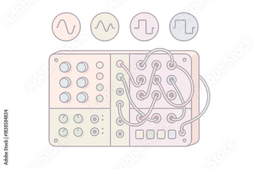 Modular Circuit Harmony. Isometric vector illustration set Modular circuit harmony: pastel synthesizer panel with cables arranged