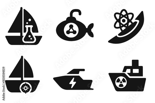 Futuristic Maritime Icons. Solid style icons of scientific seafaring: laboratory sailboat, molecular navigation pod, ion-powered