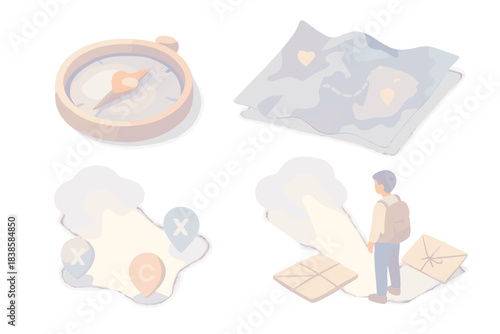 Dream Cartography. Isometric vector illustration set Dream cartography: compass needle aligning with past emotion, ethereal map