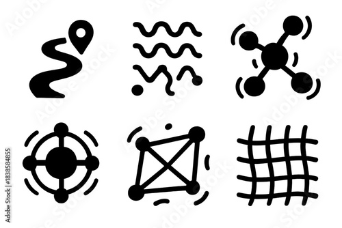 Abstract Motion Icons. Solid style icons of abstract motion: fluid pathway map, quivering vector lines, vibrating node pattern,