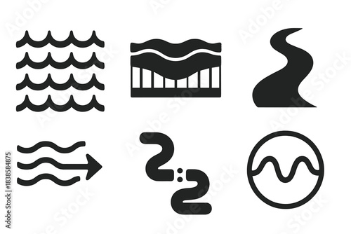 Geometric Water Icons. Solid style icons of environmental design: geometric water pattern, architectural ripple form, engineered