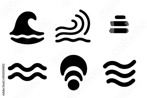 Poetic Energy Icons. Solid style icons of poetic energy: quiet wave seal, whispering ripple form, fading vibration mark, dim flow