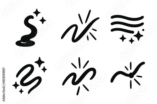 Flowing Ink Icons. Solid style icons of creative flow: flowing ink joint, radiant handwriting curve, luminous text stream,