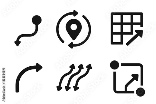 Spatial Awareness Icons. Solid style icons of spatial awareness: turning point node, route alignment ring, directional grid shift,