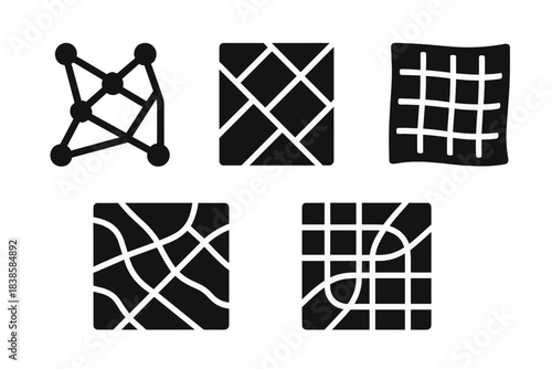 Geometric Travel Icons. Solid style icons of geometric travel: lattice path network, crosshatched road map, grid-like voyage cloth