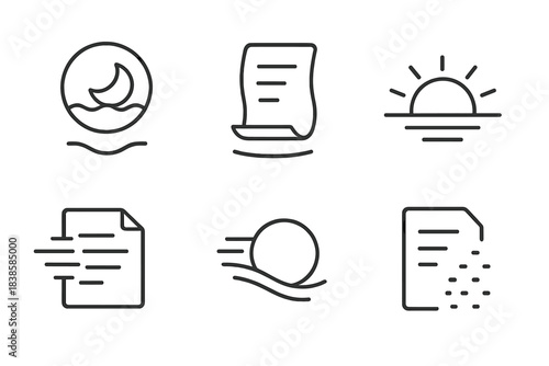 Ephemeral Line Icons. Line style icons of dusky proposition in ephemeral world: twilight seal, floating script, glowing dusk,