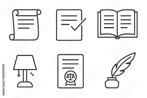 Document Creation Icons. Line style icons of realistic document creation: linear scroll, precise mark, open page, illuminated text