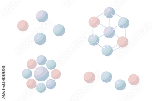 Pastel Geometric Harmony. Isometric vector illustration set Connection harmony: cluster of soft dots linked by luminous paths,