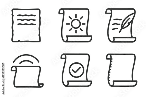 Authenticity Vellum Icons. Line style icons of pioneering vellum of authenticity: textured sheet, glowing mark, genuine ink,