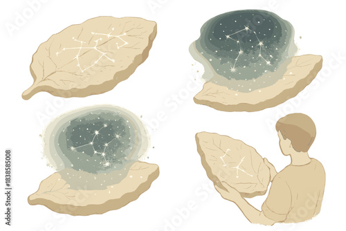 Ancient Cosmic Imprint. Isometric vector illustration set Ancient constellation leaf: fossilized imprint of stellar map, night sky