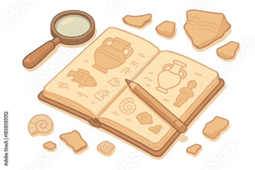 Artifact Sketchbook Exploration. Isometric vector illustration set Ancient field notes: open sketchbook filled with quick artifact
