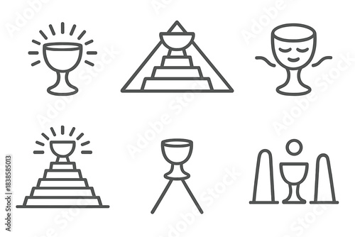 Spiritual Architecture Icons. Line style icons of spiritual cup architecture: glowing holder, pyramid base, serene vessel, radiant