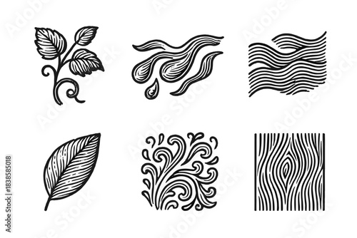 Etched Plant Flow Icons. Line style icons of replicated plant flows in engravings: etched vine, rhythmic sap, repeated stream,
