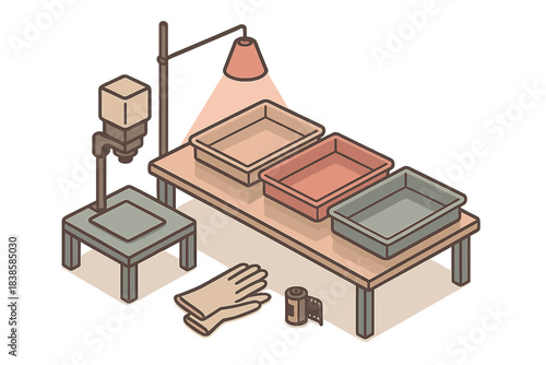 Retro Darkroom Layout. Isometric vector illustration set Retro darkroom layout: modular table design with liquid trays, small