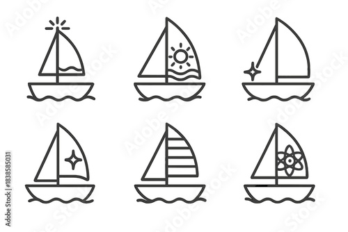 Rare Sailboat Icon. Line style icons of rare-coated sailboat: luminous mast, elemental sail, shining deck, radiant curve, metallic