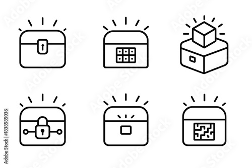 Illuminated Secret Icons. Line style icons of illuminated secret boxes: glowing latch, coded pattern, radiant cube, secure circuit