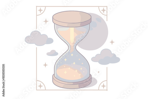 Celestial Hourglass Flow. Isometric vector illustration set Astronomical flow: hourglass pouring streams of light instead of sand,