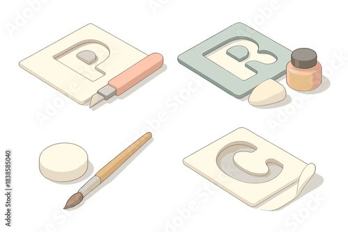 Craft Tools Isometric. Isometric vector illustration set Negative space lettering: masked paper, stencil tools, ink shadows, soft