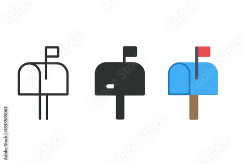 Mailbox Icon Trio. three minimal vector icons of a mailbox with message notification shown by lifted flag, line outline style,