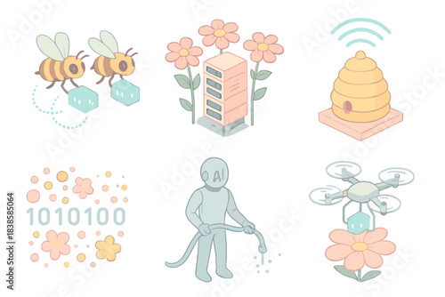 Digital Pollination Network. Isometric vector illustration set Data pollination network: digital bees carrying glowing data