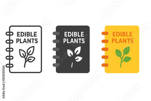 Edible Plant Icons. three minimal vector icons of a small field notebook labeled with edible plant sketches, line outline style,