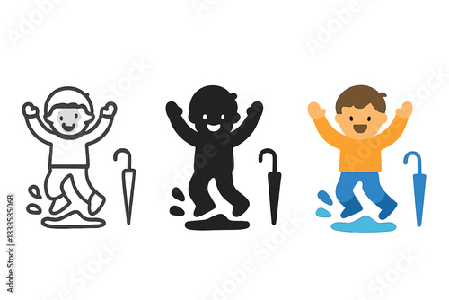 Rainy Day Icons. three minimal vector icons of a small boy jumping in rain puddles with umbrella nearby, line outline style, solid