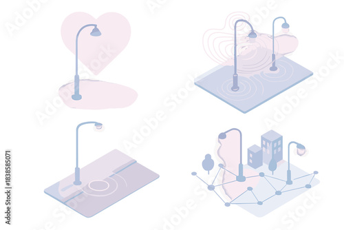 Emotional Cityscape Vibes. Isometric vector illustration set Emotional lightscape: streetlights glowing to mood data, rhythm waves