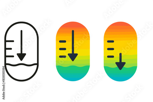 Colorful Depth Icons. three minimal vector icons of a depth indicator with rainbow gradient showing measurement zones, line