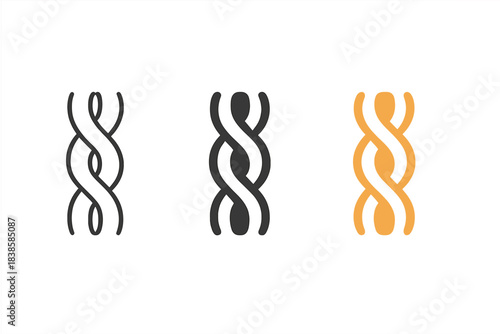 Interwoven Vortex Icons. three minimal vector icons of three vortex filaments interwoven to form a continuous braid, line outline
