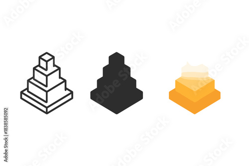 Monument Icon Trio. three minimal vector icons of a monument of absence composed of fading geometric blocks, line outline style,