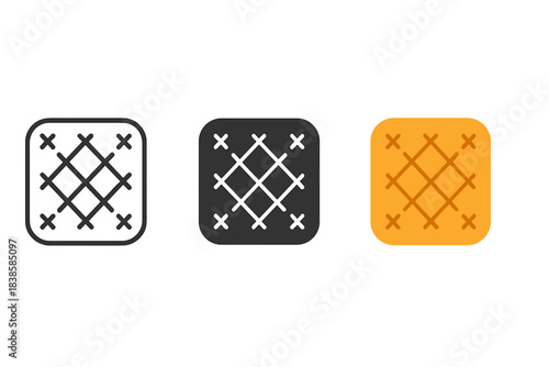 Quilt Fabric Icons. three minimal vector icons of a soft square fabric patch with classic quilt stitching, line outline style,