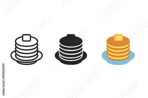 Pancake Icon Trio. three minimal vector icons of round pancakes stack with butter cube and plate, line outline style, solid glyph