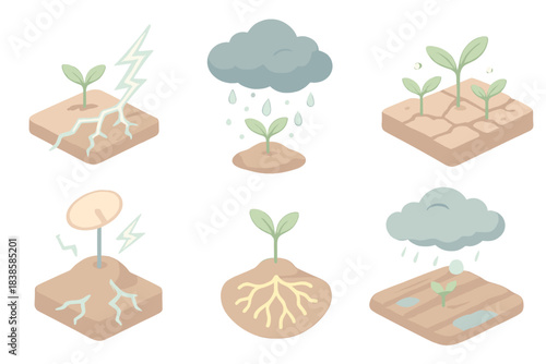 Electrified Nature Icons. Isometric vector illustration set Storm-grown life: electric arcs nurturing tiny plants, thundercloud