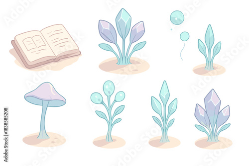Glowing Alien Flora. Isometric vector illustration set Extraterrestrial flora catalog: glowing alien plants with translucent stems