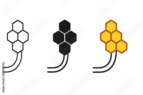Honeycomb Design Variations. Minimalist honeycomb pattern emerging from smooth conduit curve, first in line style with thin